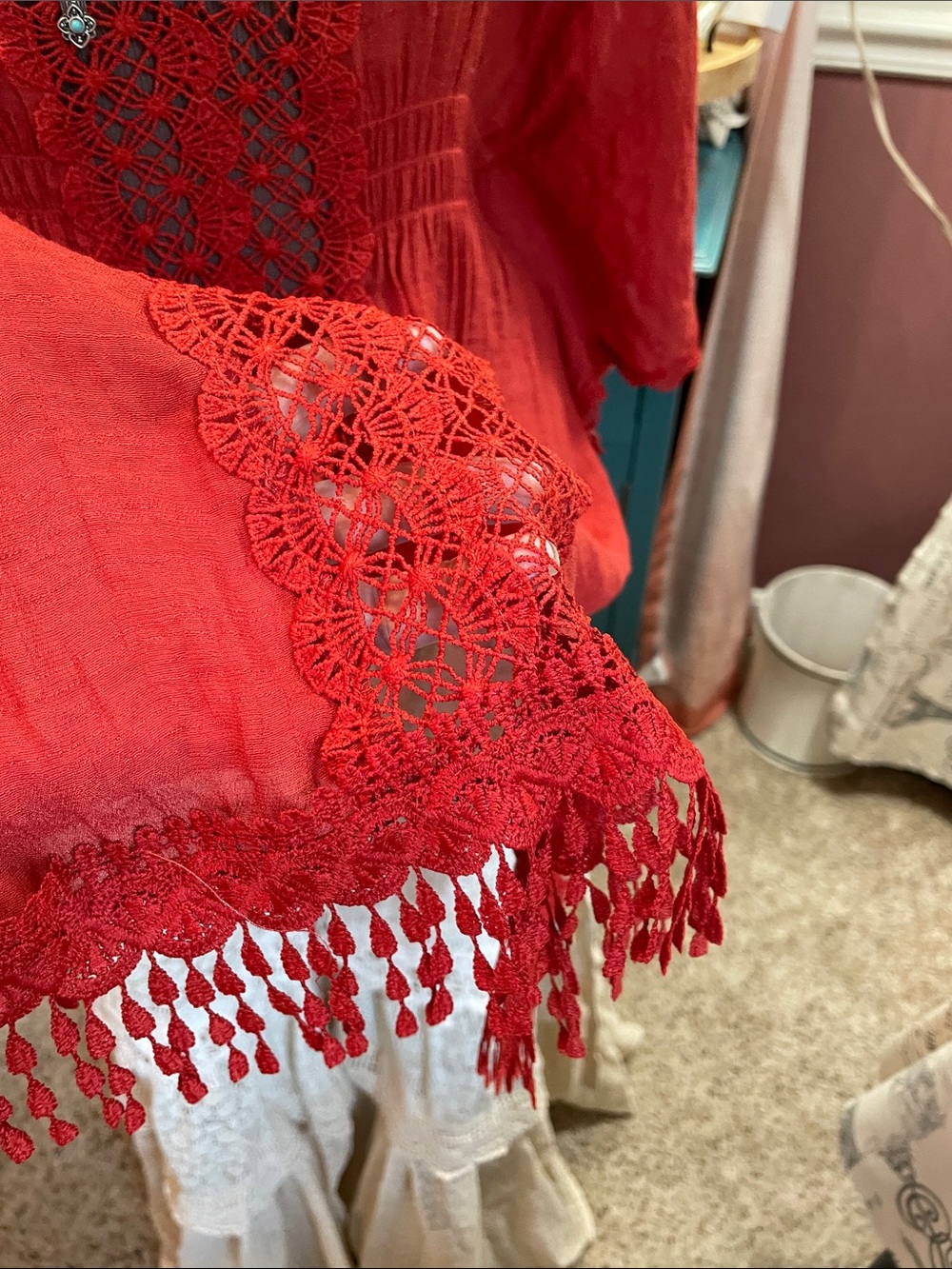 Boho Lace-Trim Rust Women's Top with Tassel Hem - Picture 15 of 17